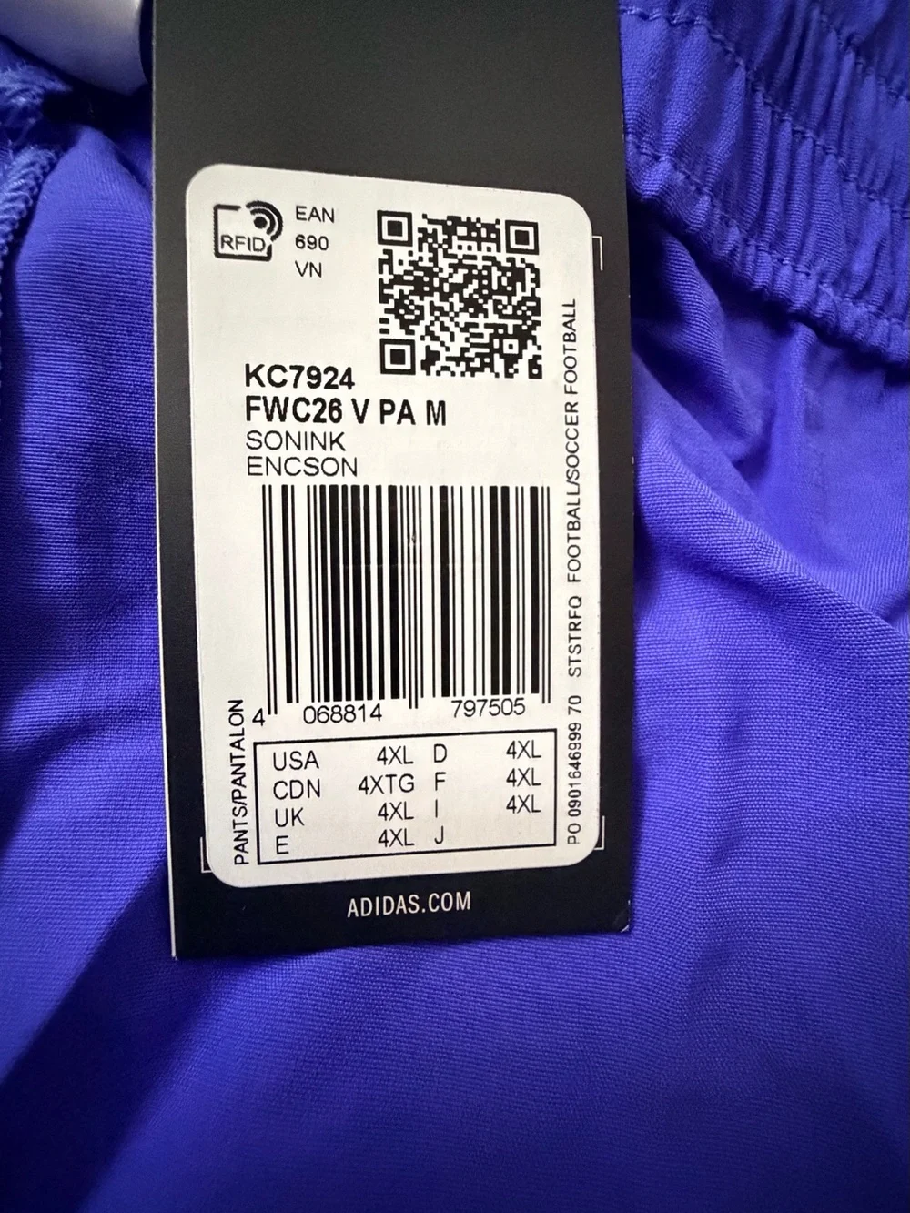 NWT Adidas Men’s 4XL FIFA World Cup 2026 Staff Track Pants Sonic Ink Blue Soccer